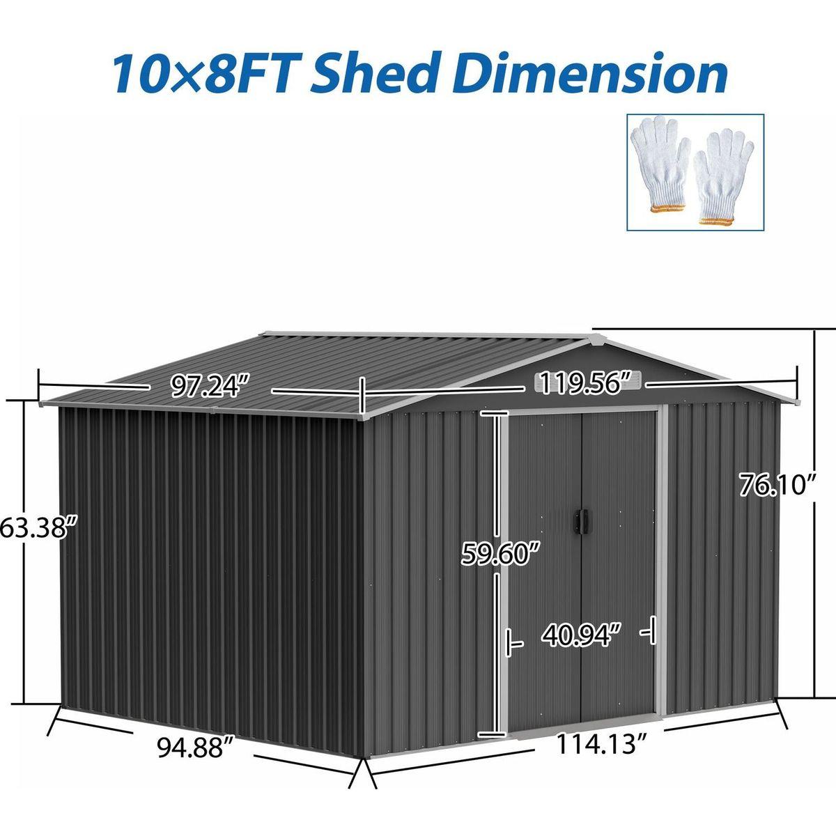 10X8 FT Outdoor Storage Shed, Metal Foundation & Lockable Doors, Tool Shed for Garden, Patio, Backyard, Lawn, Grey - Streamdale Furniture