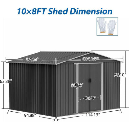 10X8 FT Outdoor Storage Shed, Metal Foundation & Lockable Doors, Tool Shed for Garden, Patio, Backyard, Lawn, Grey - Streamdale Furniture