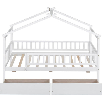 Twin Size Wooden House Bed with Two Drawers, White