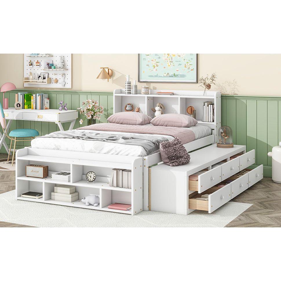 Full Bed with Bookcase Headboard, Under bed Storage Drawers and Bed End Storage Case,White
