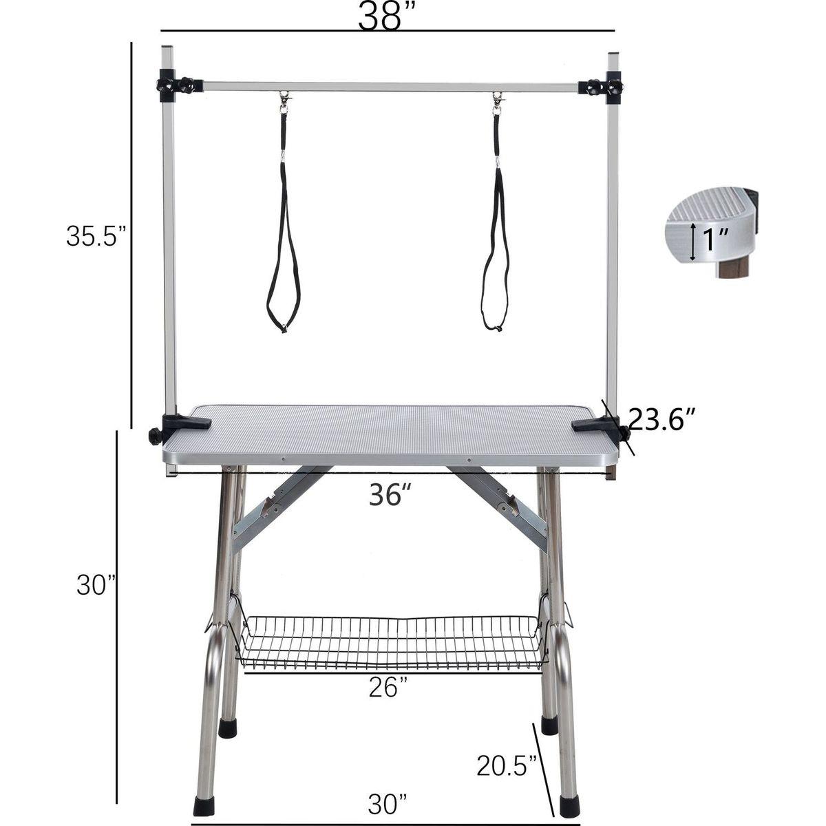 36" Folding Dog Pet Grooming Table Stainless Steel Frame Rubber Mat on Board with Adjustable Arm and Clamps pet dog Cat Grooming Table (SILVER-GRAY COLOR)