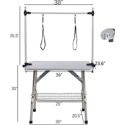 36" Folding Dog Pet Grooming Table Stainless Steel Frame Rubber Mat on Board with Adjustable Arm and Clamps pet dog Cat Grooming Table (SILVER-GRAY COLOR)