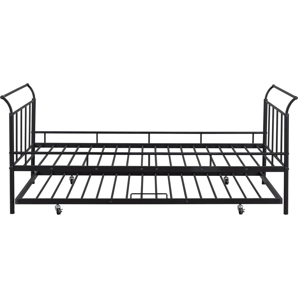 Twin Size Metal Daybed with Curved Handle Design and Twin Size Trundle, Black