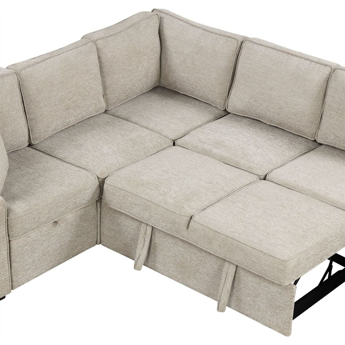 126" L-shaped Sofa Sectional Sofa Couch Pull-out Sofa Bed with Charging Devices and Cup Holders for Living Room, Beige