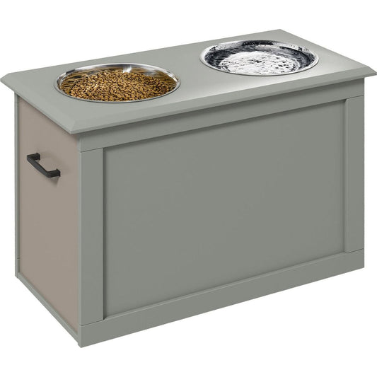 Raised Pet Feeding Storage Station with 2 Stainless Steel Bowls Base for Large Dogs and Other Large Pets, Gray