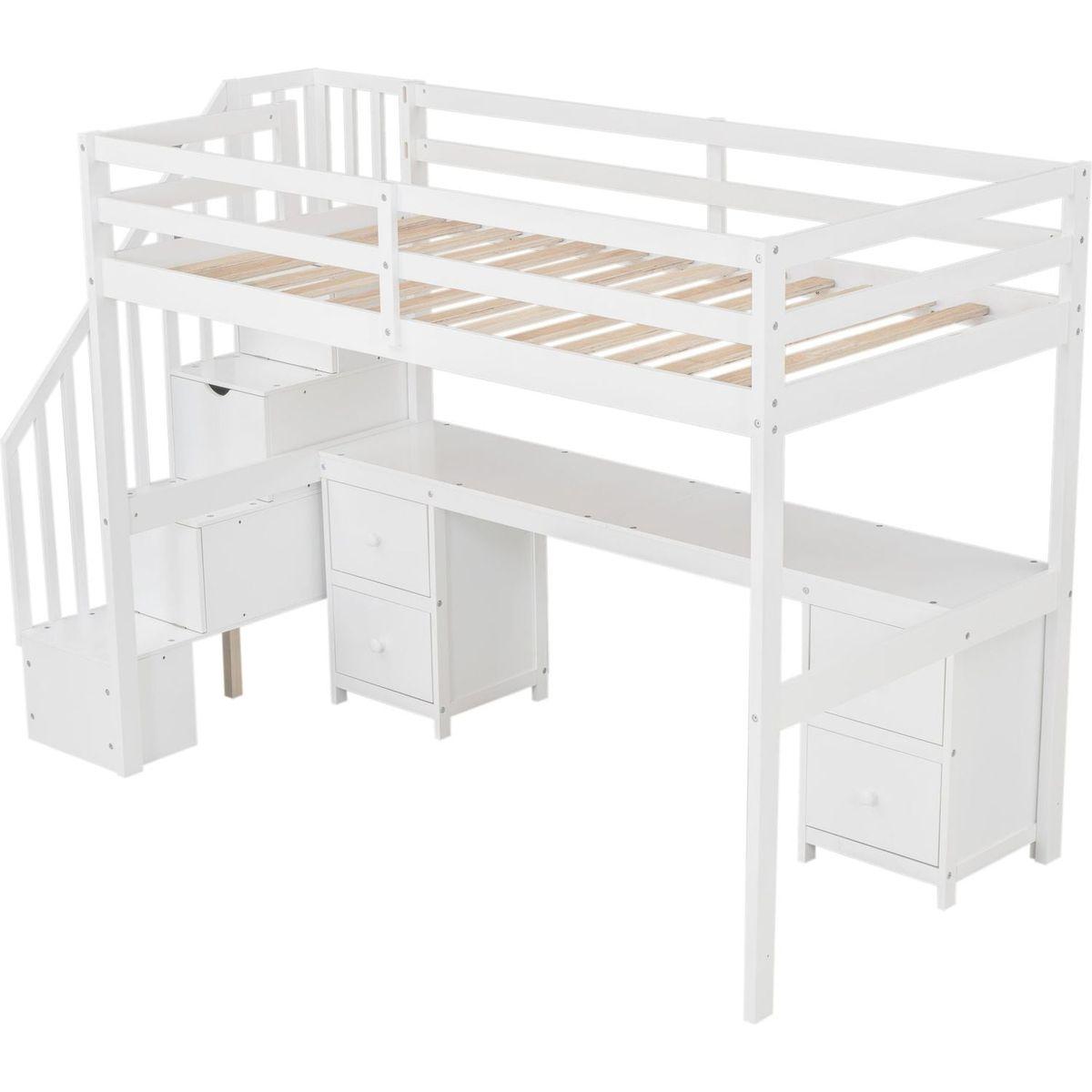 Twin Size Loft Bed Frame with Built-in Desk and Double Storage Drawers,White