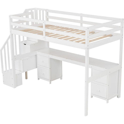 Twin Size Loft Bed Frame with Built-in Desk and Double Storage Drawers,White
