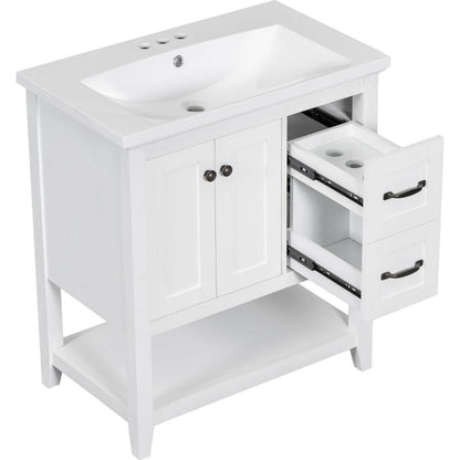 30" Bathroom Vanity with Ceramic Sink Top, Vanity Cabinet with Multi-Functional Drawer, Solid Wood Legs, White