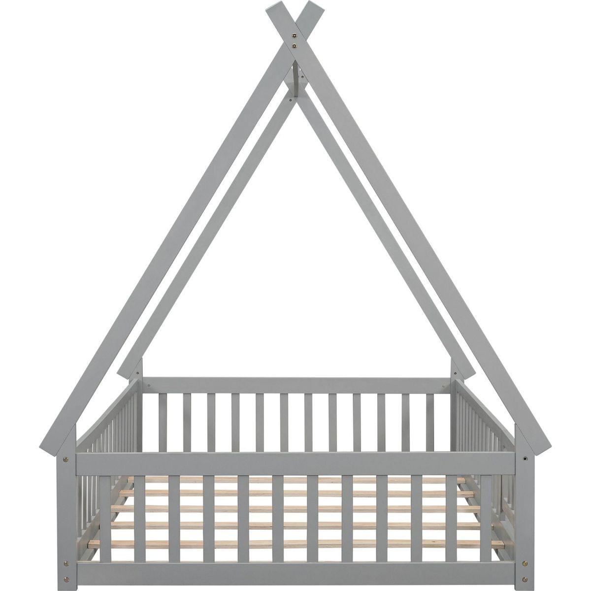 Full Tent-shaped Floor Bed, with Guardrails, Slats, Door, Grey