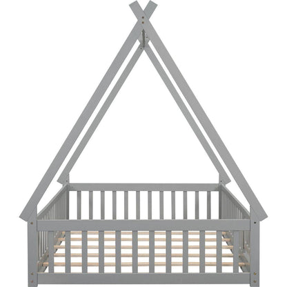 Full Tent-shaped Floor Bed, with Guardrails, Slats, Door, Grey