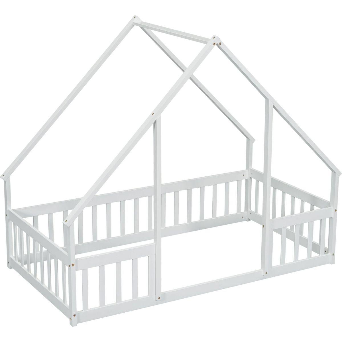Twin Wood House-Shaped Floor Bed with Fence, Guardrails, White
