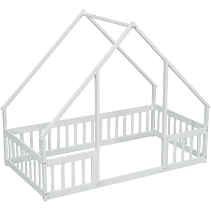 Twin Wood House-Shaped Floor Bed with Fence, Guardrails, White