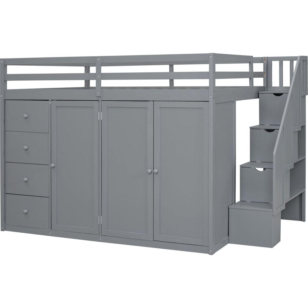 Full Size Wood Loft Bed With Built-in Wardrobes, Cabinets and Drawers, Gray