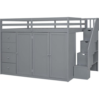 Full Size Wood Loft Bed With Built-in Wardrobes, Cabinets and Drawers, Gray