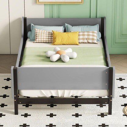 Twin Bed with Headboard, Footboard, Safeguards, Built-in Bed-end Book Storage Rack, Grey