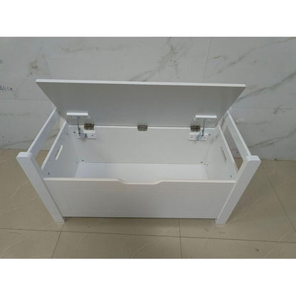 Kids Toy Box Chest, White Rubber Wood Toy Box for Boys Girls, Large Storage Cabinet with Cushion Seat Bench/Flip-Top Lid/Safety Hinge, Toy Storage Organizer Trunk for Nursery, Playroom