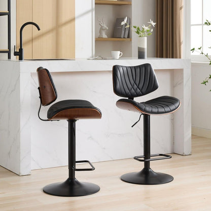 Walnut Bentwood Bar Stools Mid Century Modern Adjustable Counter Height Black Leather Upholstered 360Swivel Bar Chairs for Kitchen Island/Dining Room/Cafe, 1 chair/1carton,Black