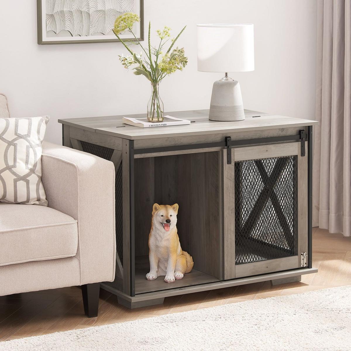 Farmhouse Dog Cage Crate Furniture with Sliding Barn Door, Farmhouse Wooden Dog Kennel End Table with Flip-top Plate Dog House with Detachable Divider for Small/Medium/Large Dog Gray