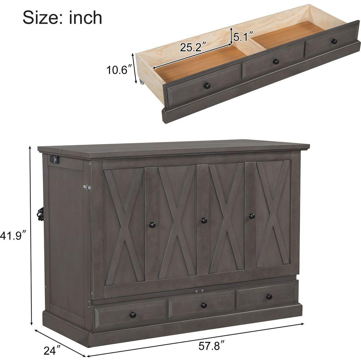 Solid Pine Murphy Bed Chest Cube Cabinet Bed with Charging Station and Large Storage Drawer for Home Office or Small Room,Full,Gray