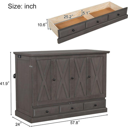 Solid Pine Murphy Bed Chest Cube Cabinet Bed with Charging Station and Large Storage Drawer for Home Office or Small Room,Full,Gray