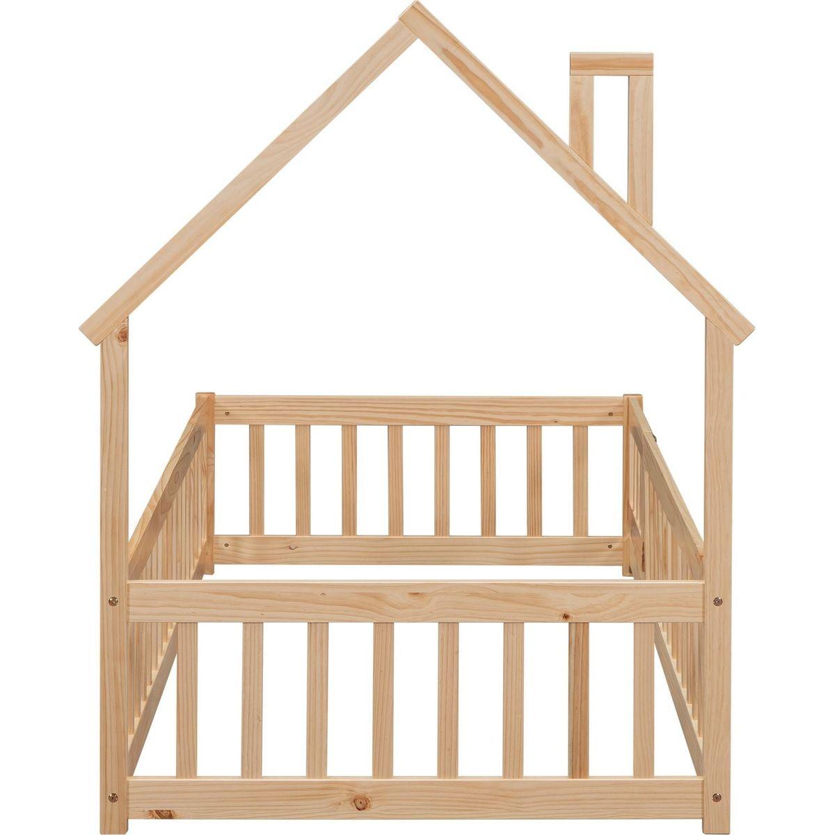 Twin House-Shaped Headboard Floor Bed with Fence ,Natural