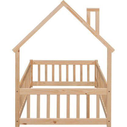 Twin House-Shaped Headboard Floor Bed with Fence ,Natural