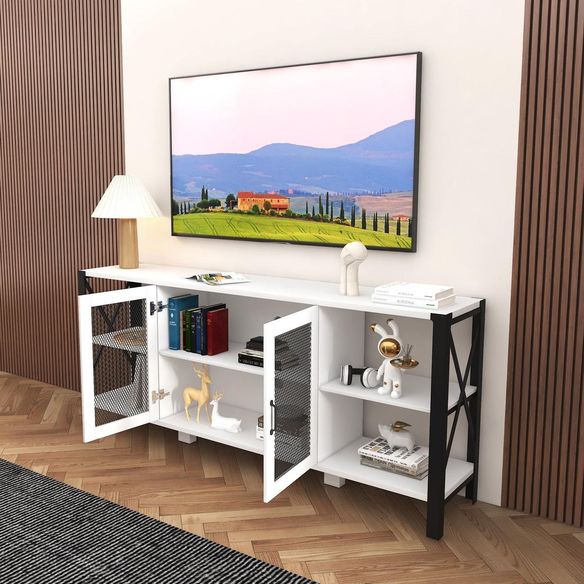 TV Stands for Living Room, Industrial TV Stand for Bedroom Furniture, Farmhouse TV Stand 80 Inch Television Stand, Modern Horizontal Wood and Metal Open Bookshelf