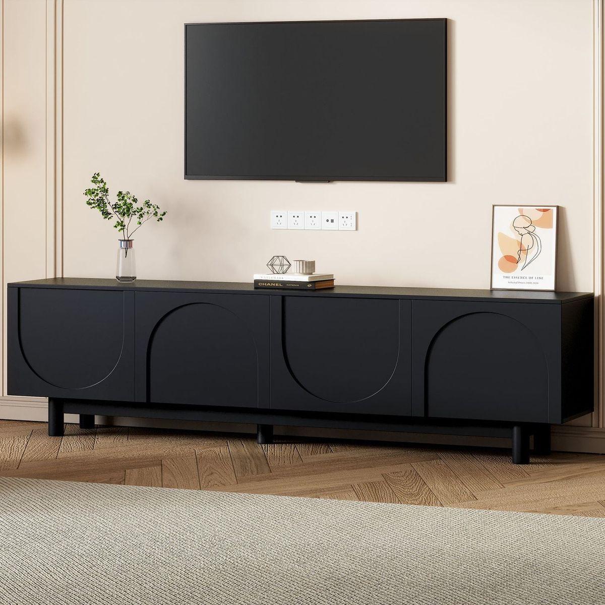 Graceful TV Stand with Arch Cabinets for TVs Up to 78", Minimalist Entertainment Center with Solid Wood Legs, Practical Media Console with Adjustable Shelves for Living Room, Black