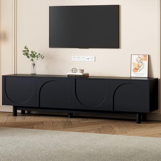 Graceful TV Stand with Arch Cabinets for TVs Up to 78", Minimalist Entertainment Center with Solid Wood Legs, Practical Media Console with Adjustable Shelves for Living Room, Black