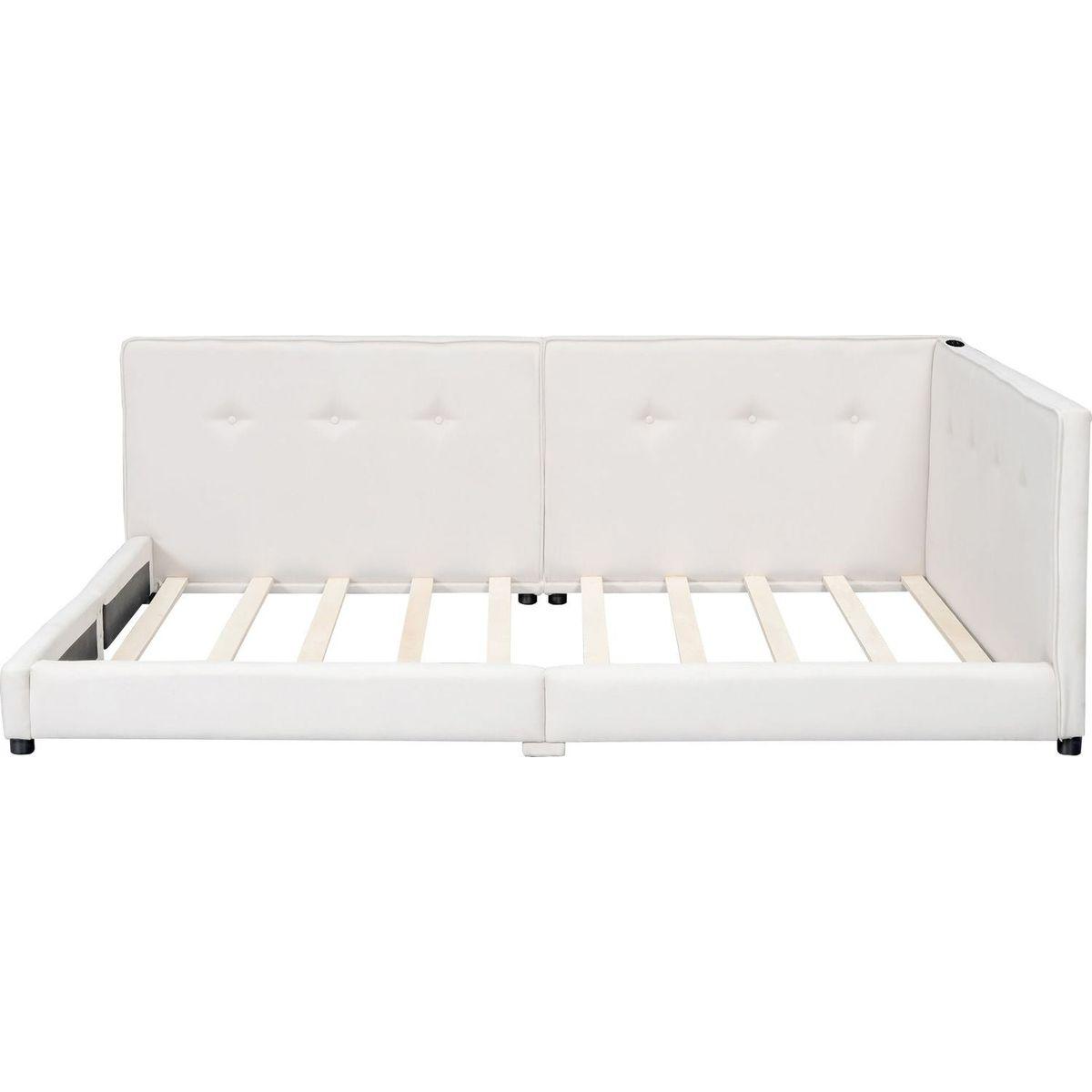 Upholstered Queen Size platform bed with USB Ports, Beige