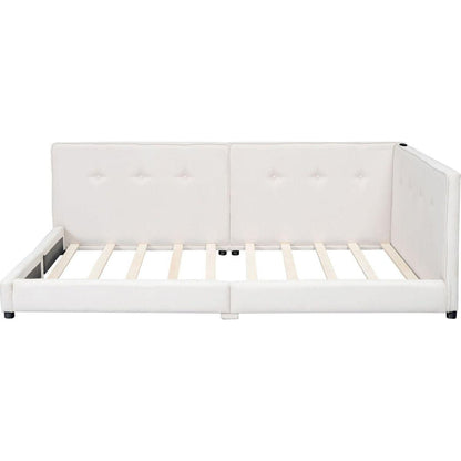 Upholstered Queen Size platform bed with USB Ports, Beige