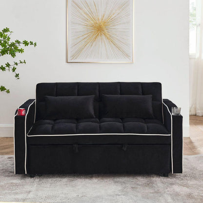 55.51 inch versatile foldable sofa bed in 3 lengths, modern sofa sofa sofa velvet pull-out bed, adjustable back and with USB port and ashtray and swivel phone stand (Black)