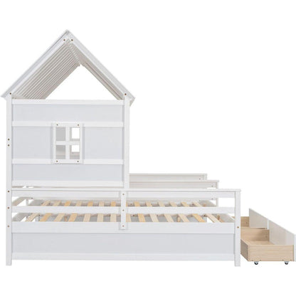 Twin Size House Platform Beds with Two Drawers for Boy and Girl Shared Beds, Combination of 2 Side by Side Twin Size Beds,White