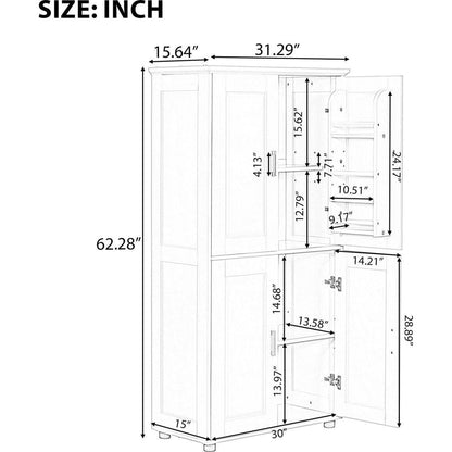 Tall and Wide Bathroom Floor Storage Cabinet, Bathroom Storage Unit, Freestanding Cabinet with 4 Doors, Adjustable Shelves, White
