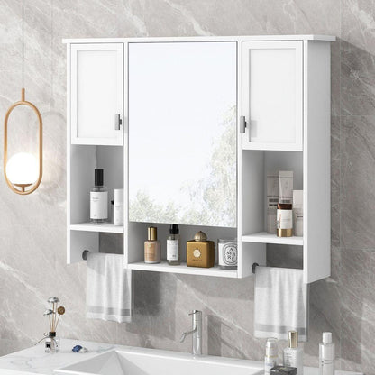 35" x 28" Modern Wall Mounted Bathroom Storage Cabinet, Bathroom Wall Cabinet with Mirror, Medicine Cabinet with Towels Bar