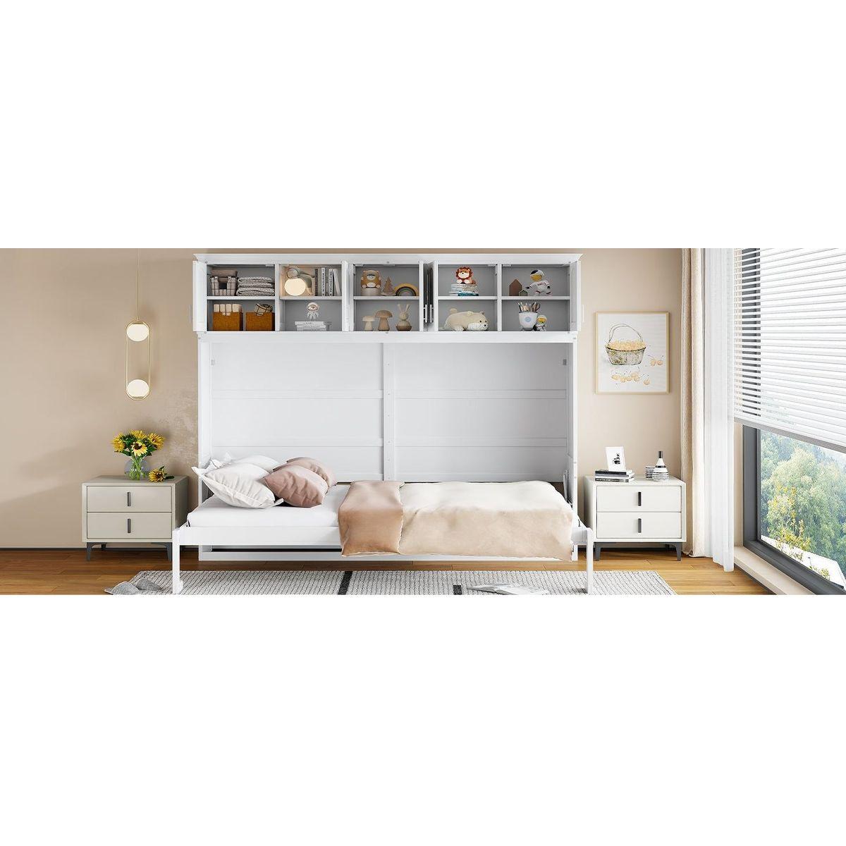Queen Size Murphy Bed Wall Bed with Top Cabinets,White