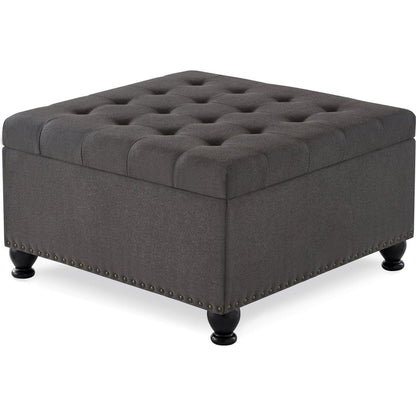 Large square storage ottoman with wooden legs, Upholstered button tufted coffee table with nail trims for Living Space,Dark Grey