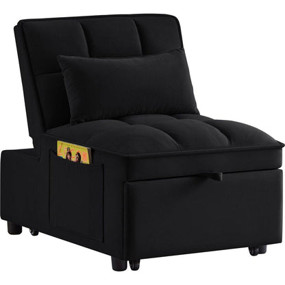 4 in1 Multi-Function Single Sofa Bed with Storage Pockets,Tufted Single Pull-out Sofa Bed with Adjustable Backrest and Pillows, Convertible Chaise Lounge,Black