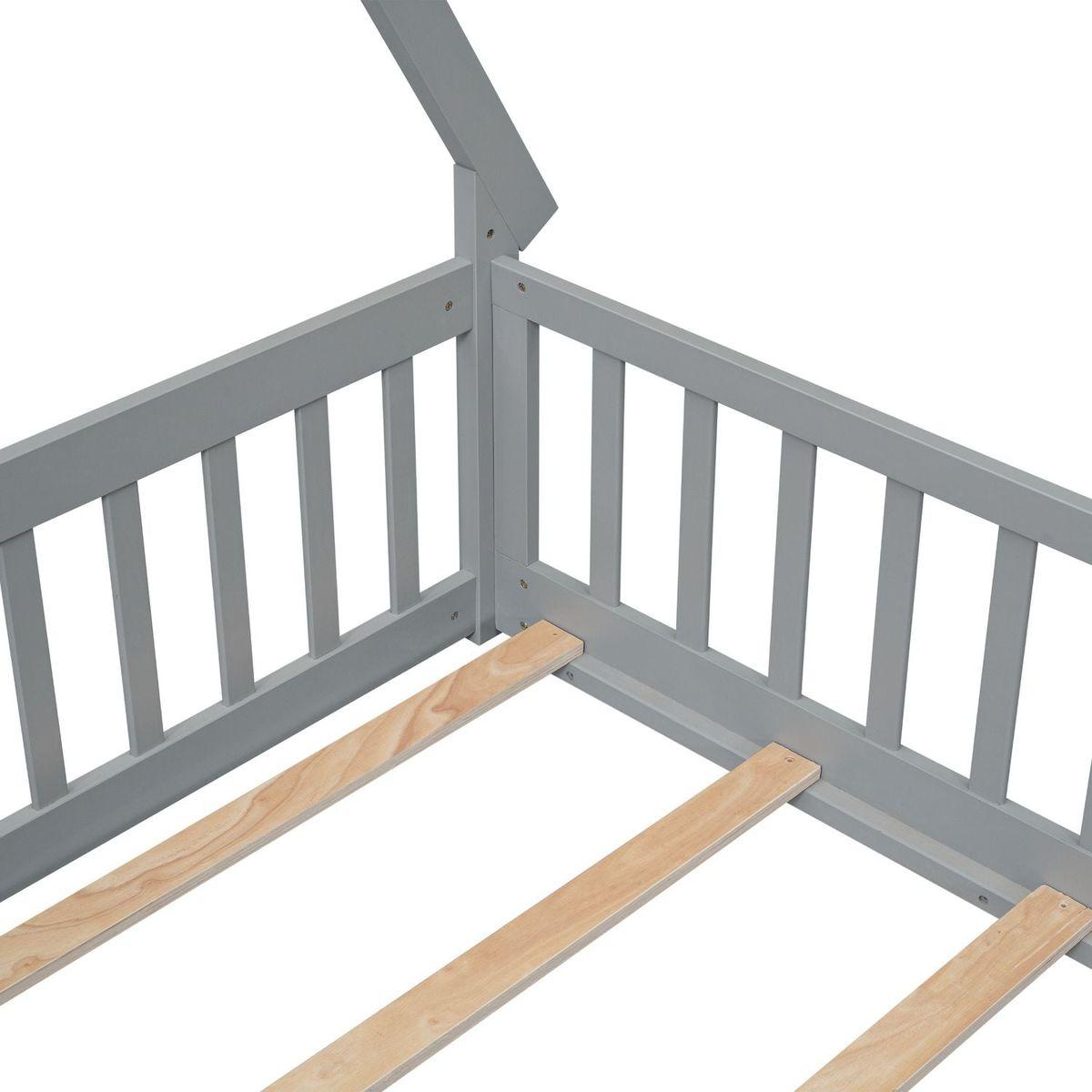 Full Tent-shaped Floor Bed, with Guardrails, Slats, Door, Grey