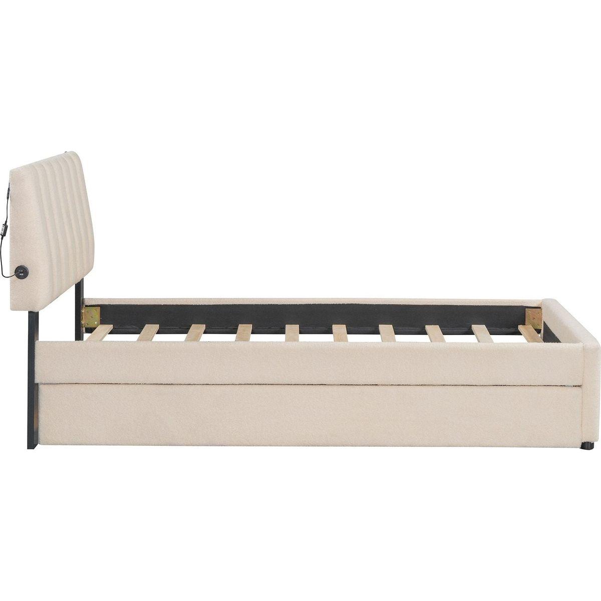 Teddy Fleece Twin Size Upholstered Platform Bed with Trundle, Beige