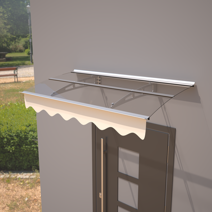 DA5934C Series Door Window Awning Canopy Made of 0.137Inch Thick Crystal Solid Polycarbonate Sheet and Aluminum Alloy with Valance in size of 59" Wide x 34" Deep for Masonry Concrete Wall House only.