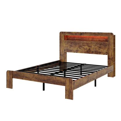 Wood Platform Bed Frame Queen Size with Storage LED Light Headboard & USB, Noise-Free, Dark Brown
