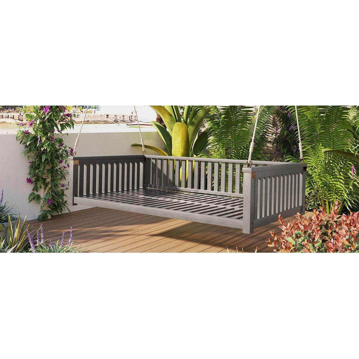 Patio Minimalist Twin Size Garden Swing Bed Wood Porch Swing with Ropes for Backyard, Safe Sloped Design, Gray