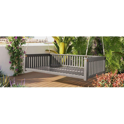 Patio Minimalist Twin Size Garden Swing Bed Wood Porch Swing with Ropes for Backyard, Safe Sloped Design, Gray