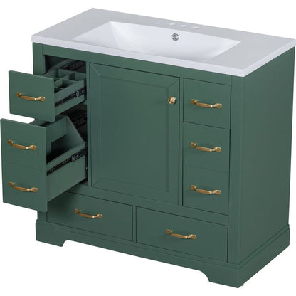 36" Bathroom Vanity with Sink Combo, Six Drawers, Multi-Functional Drawer Divider, Adjustable Shelf, Green