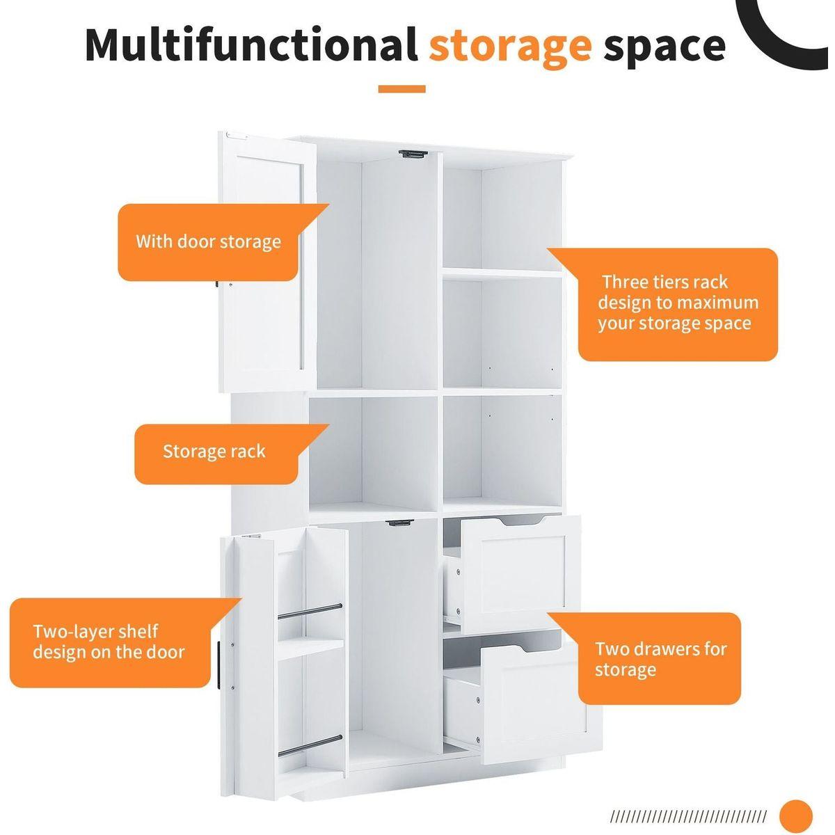 Bathroom Storage Cabinet with Doors and Drawers, Multiple Storage Space, Freestanding Style, Open Shelve, Adjustable Shelf, White