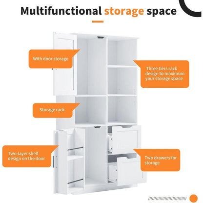 Bathroom Storage Cabinet with Doors and Drawers, Multiple Storage Space, Freestanding Style, Open Shelve, Adjustable Shelf, White