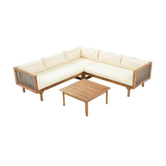 Premium Outdoor Sofa Set with Waterproof Cushions in Beige - Sectional Seating Group with Acacia Wood and Wicker