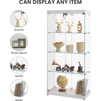 4-Tier Glass Display Cabinet, Double Door Glass Cabinet, Four Partitions, Two Locks, Floor Standing Storage Cabinet for Living Room, Bedroom, Showroom and Office, White, 31.5"L x 14.2"W x 66.3"H