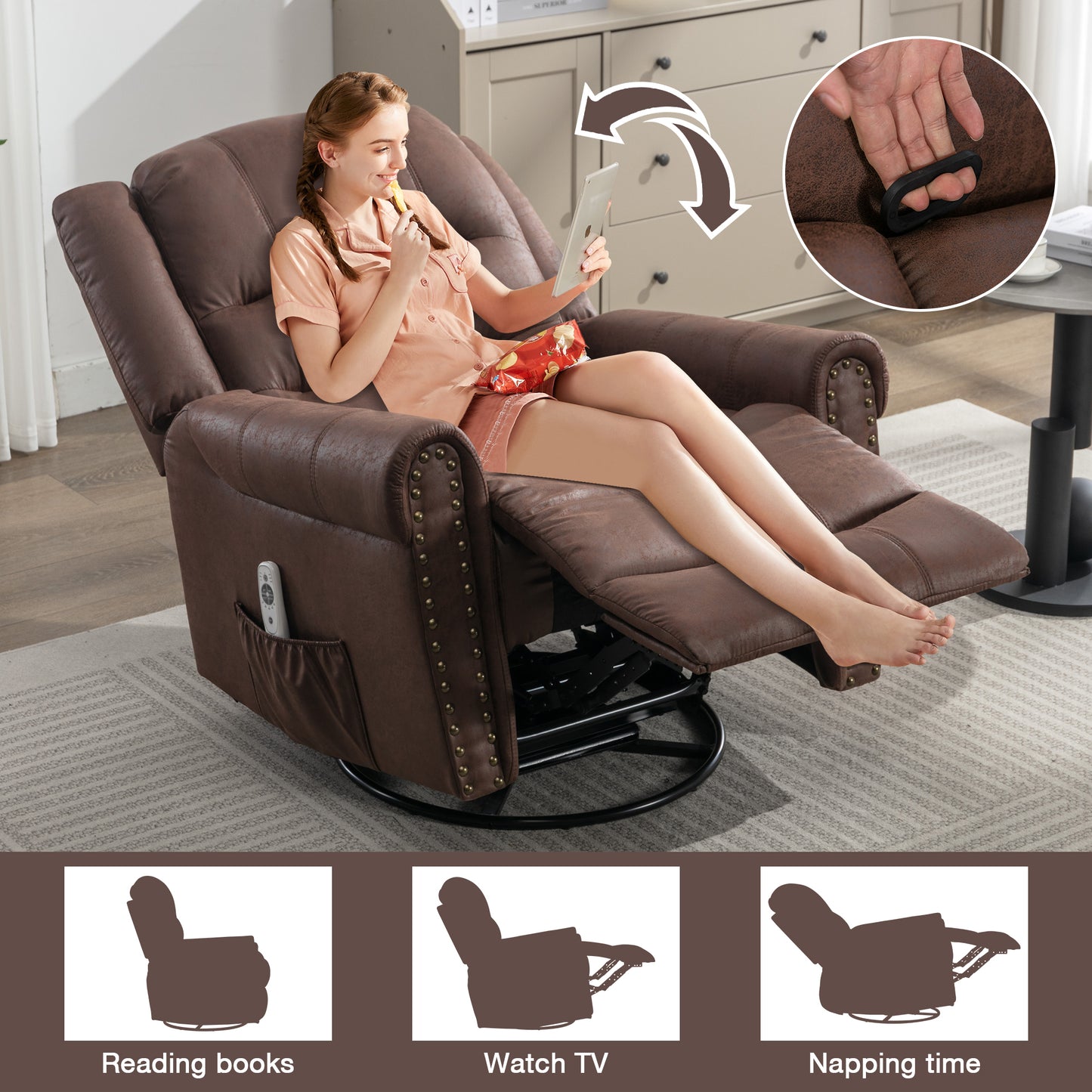 Massage Rocker Recliner Chair Rocking Chairs for Adults Oversized with USB Charge Port Soft Features a Manual Massage and Heat.BROWN